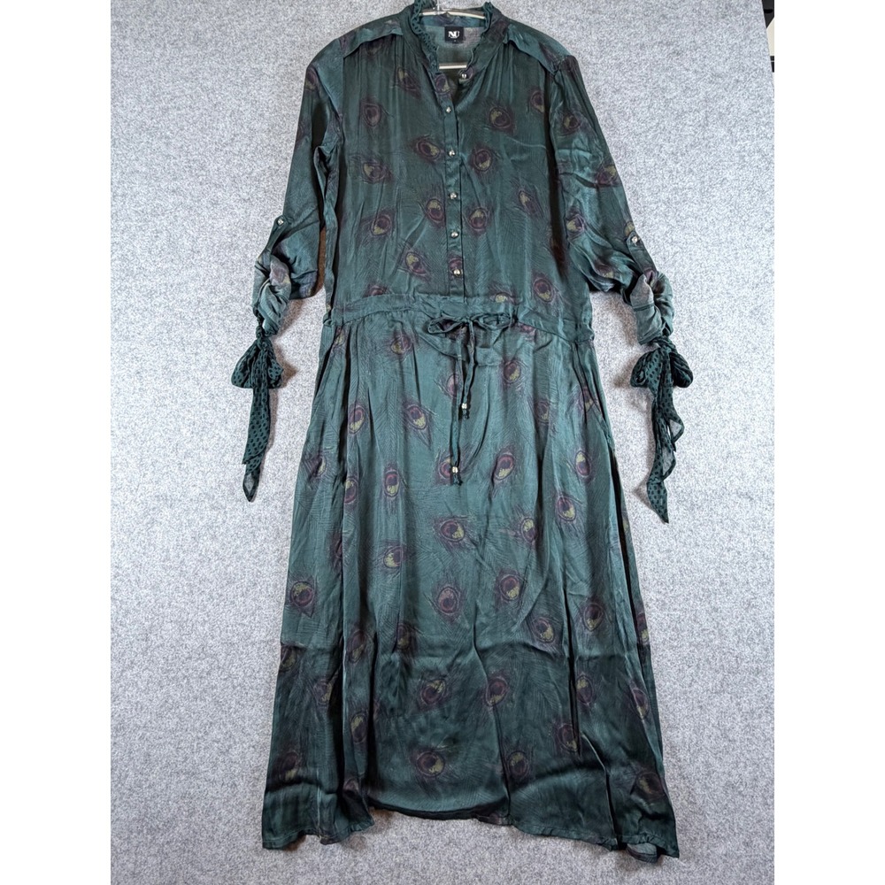 Nu Denmark Green Peacock Feather Print Maxi Dress Boho Tie Sleeve Pockets Small